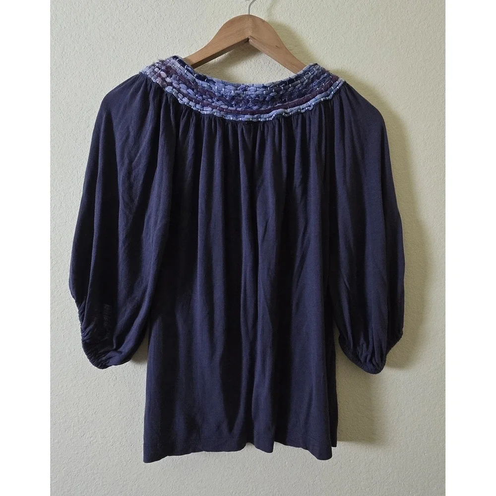 Anthropologie Moth Blouse Womens L Navy Blue Embroidered Neck 3/4 Balloon Sleeve